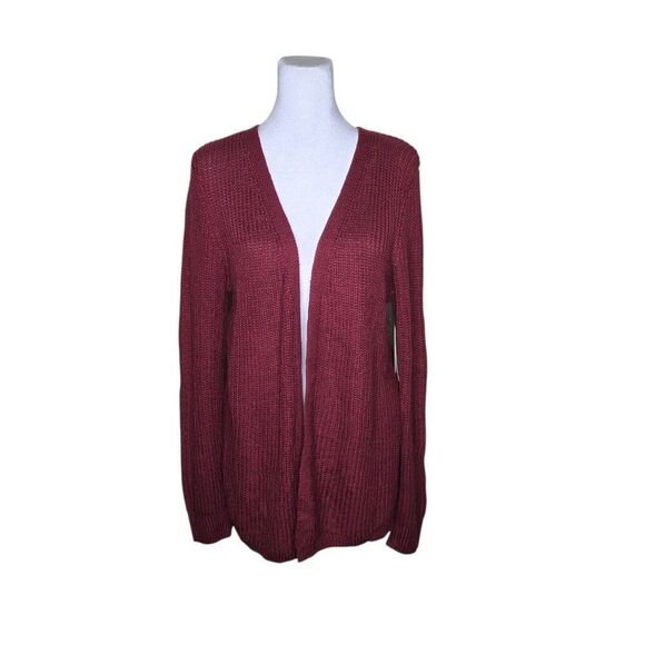 Pinque Long Sleeve Open Knit Cardigan Sweater Womens Size M Maroon Red - Picture 2 of 10